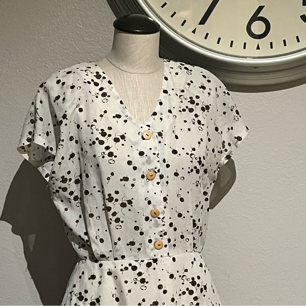 Vintage White Midi Dress with Brown Floral Dot Print